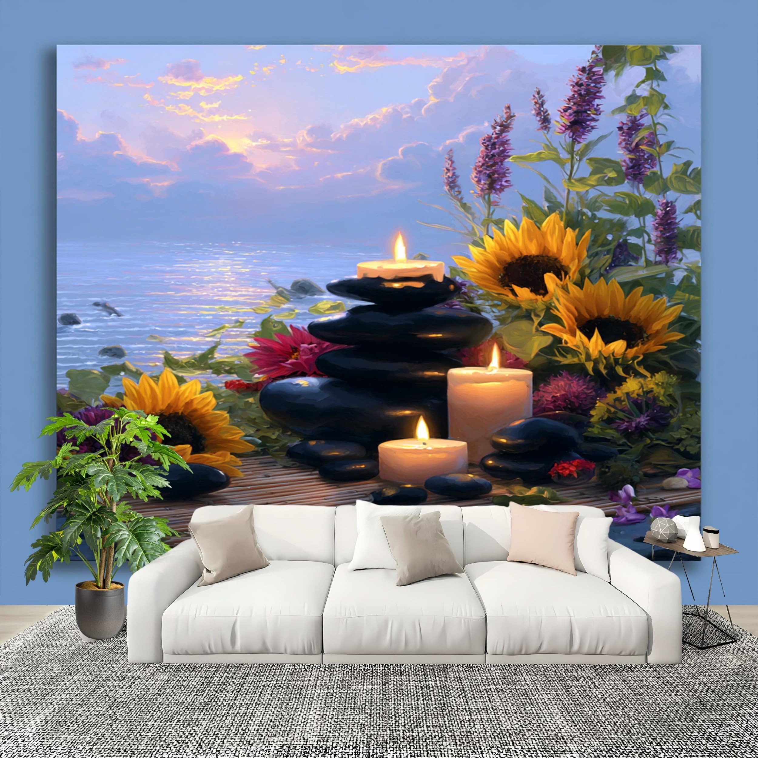 Fototapeta 3D włóknina 250 x 175 cm ocean rośliny słonecznik kamień tapeta fioletowy plakat do domu biura sypialni gabinetu salonu
