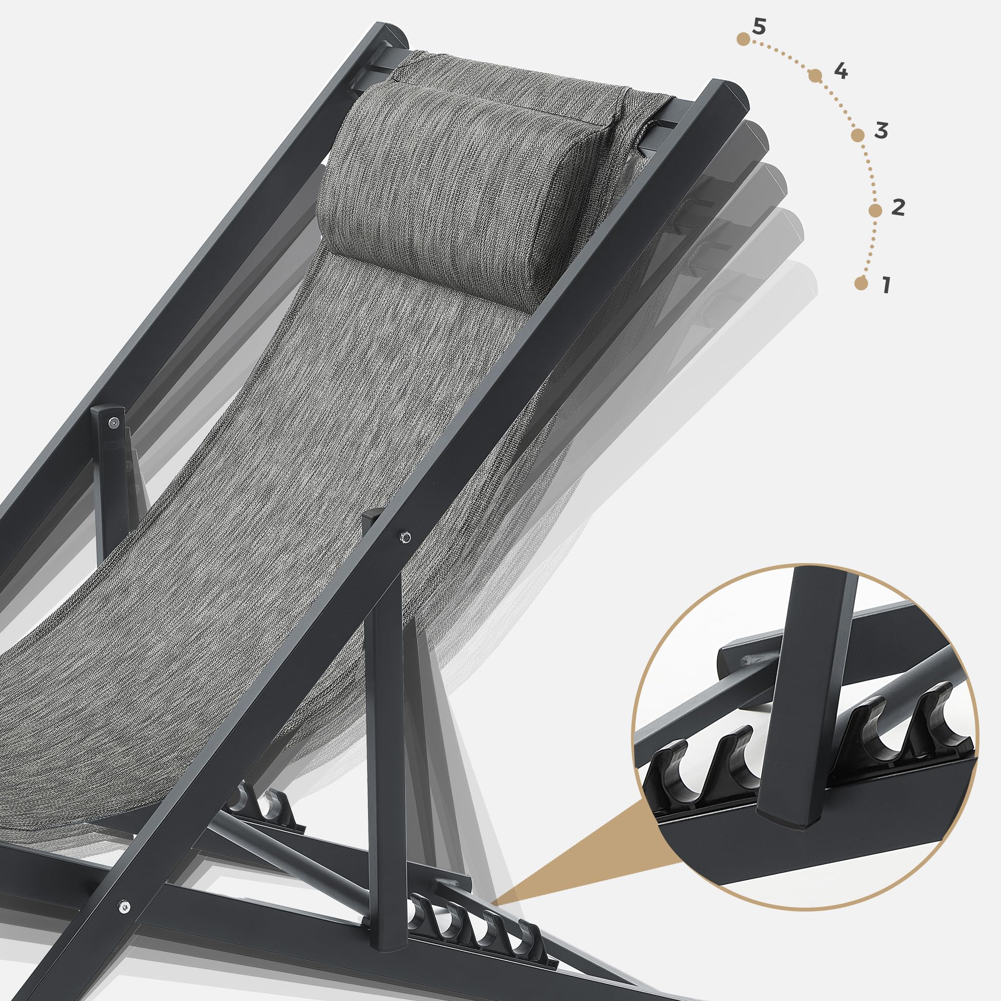 Mondeer Sonnenliege 2er Set klappbarer Liegestuhl mit Kopfstütze verstellbarer Rückenlehne 130kg W104xD58xH95cm Schwarz Grau