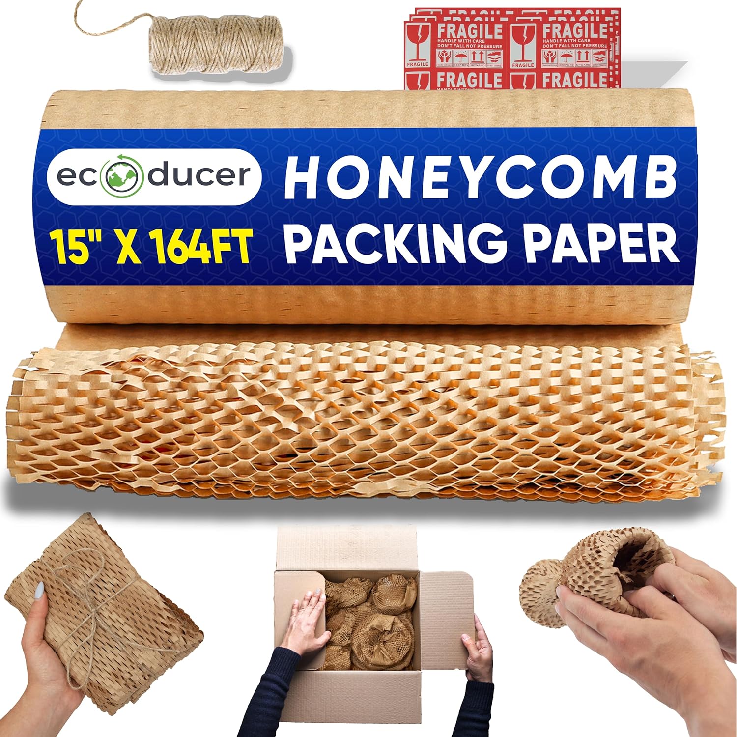 15”x164’ Honeycomb Packing Paper Moving Supplies with Fragile Stickers & Jute Twine. Eco Friendly Bubble Cushioning Wrap Packing Material. Biodegradable Shipping Supplies.