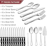 LIANYU 77-Piece Ensemble de couverts Flatware Set pour 12, Plus Couteaux et ustensiles de service Steak, ensemble d'argenterie en acier inoxydable, ustensiles de table avec bord incliné, lave-vaisselle sans danger