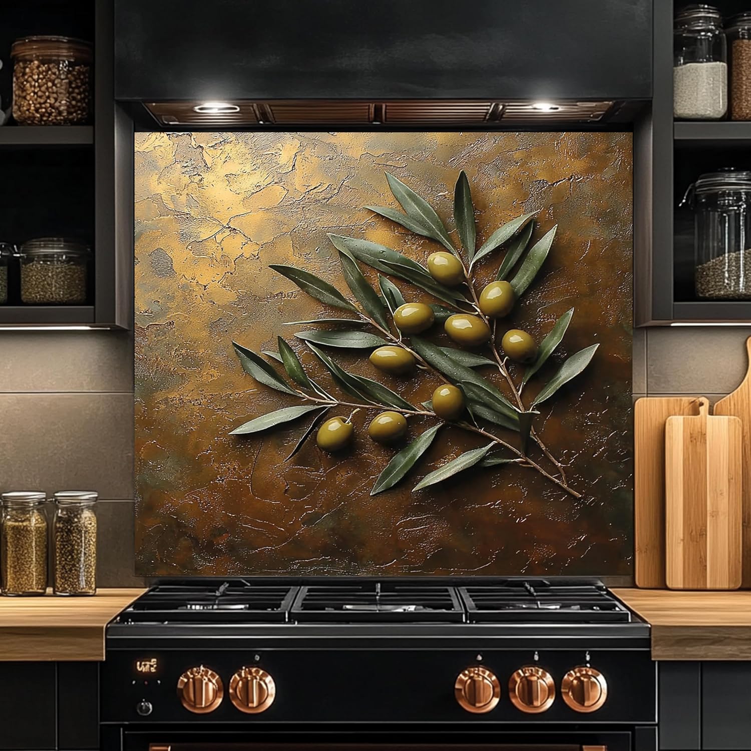 Tempered Glass Backsplash for Kitchen, Olive Branch Design Glass Backsplash, Copper Look Backsplash for Kitchen Wall, Rustic Kitchen Backsplash, Easy to Install Stove Backsplash