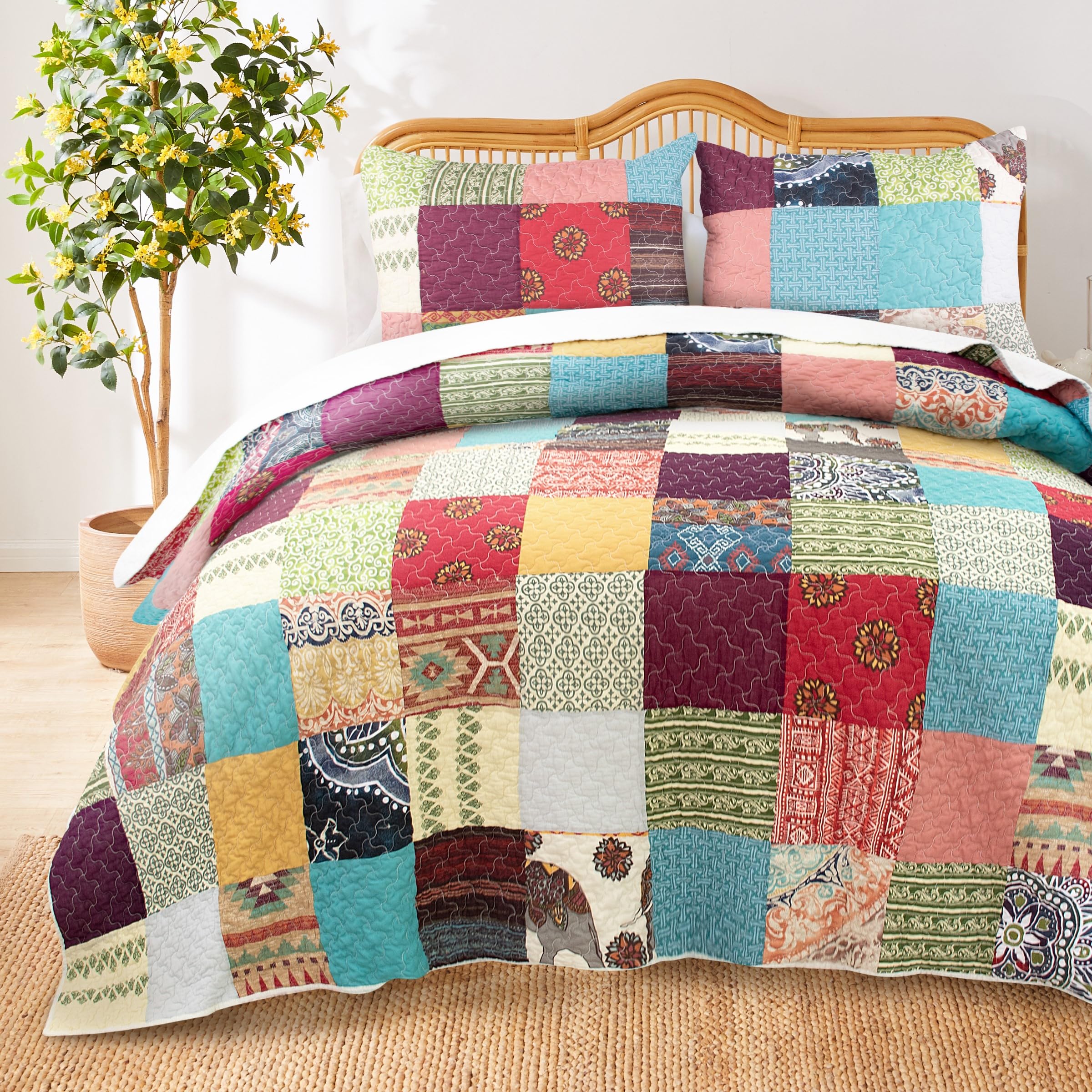 Greenland Home Renee Upcycle Unique Remnant Fabric Cotton-Lined Quilt Set, 3-Piece Full/Queen