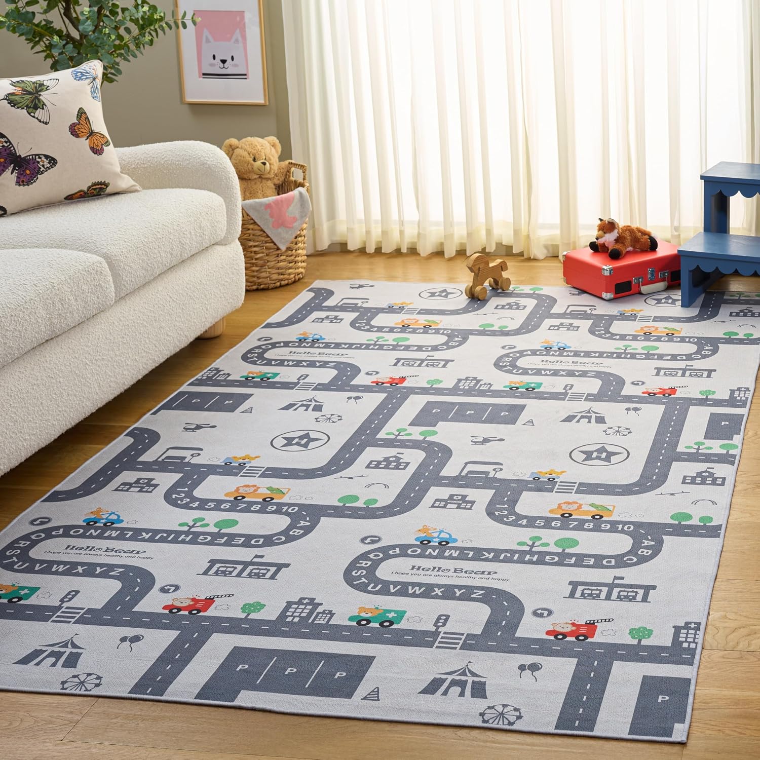 SAFAVIEH Washable Rug Tacoma Kids Collection - 5' x 8', Ivory & Grey, Slip Resistant & Easy to Clean, Educational Playmat Road, Ideal for Boys & Girls in Playroom, Nursery, Bedroom (TCK171A)