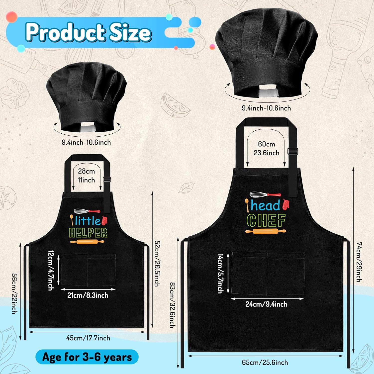 R HORSE Adult Kid Apron and Chef Hat Set - 4Pcs Parent Child Adjustable Kitchen Apron Hat Kid Role Play Chef Toy Cooking Gift - Image 3