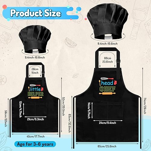 Miniatura 3 de R HORSE Juego de delantal y sombrero de chef para adultos, 4 piezas, delantal de cocina ajustable para padres y niños, juego de rol, juguete de