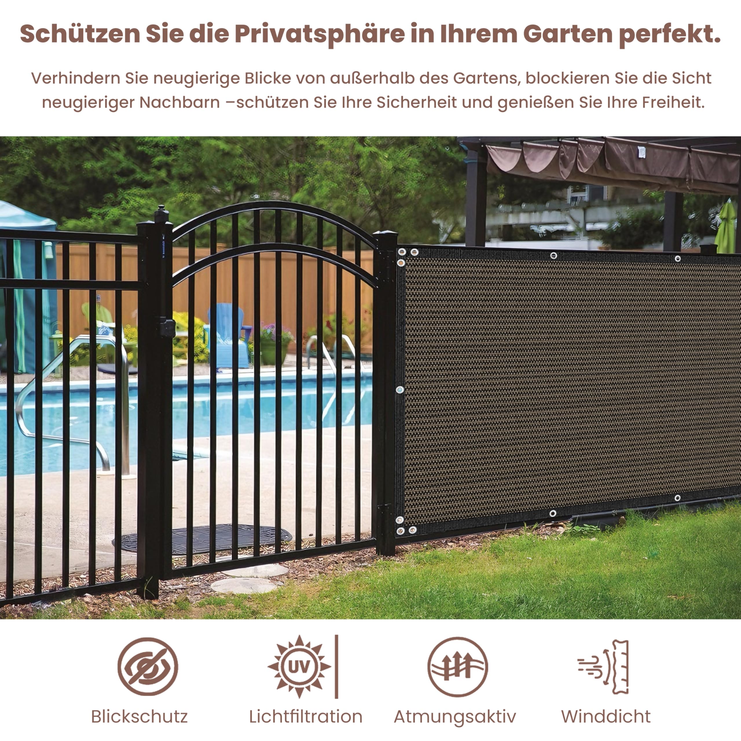 Zaunblende Sichtschutz Braun-Schwarz,1.5x10m, Sichtschutzzaun 90% HDPE-Schattennetz für den Außenbereich, mit Löchern und Kabelbindern, UV-beständiges, reißfestes Sonnenschutznetz