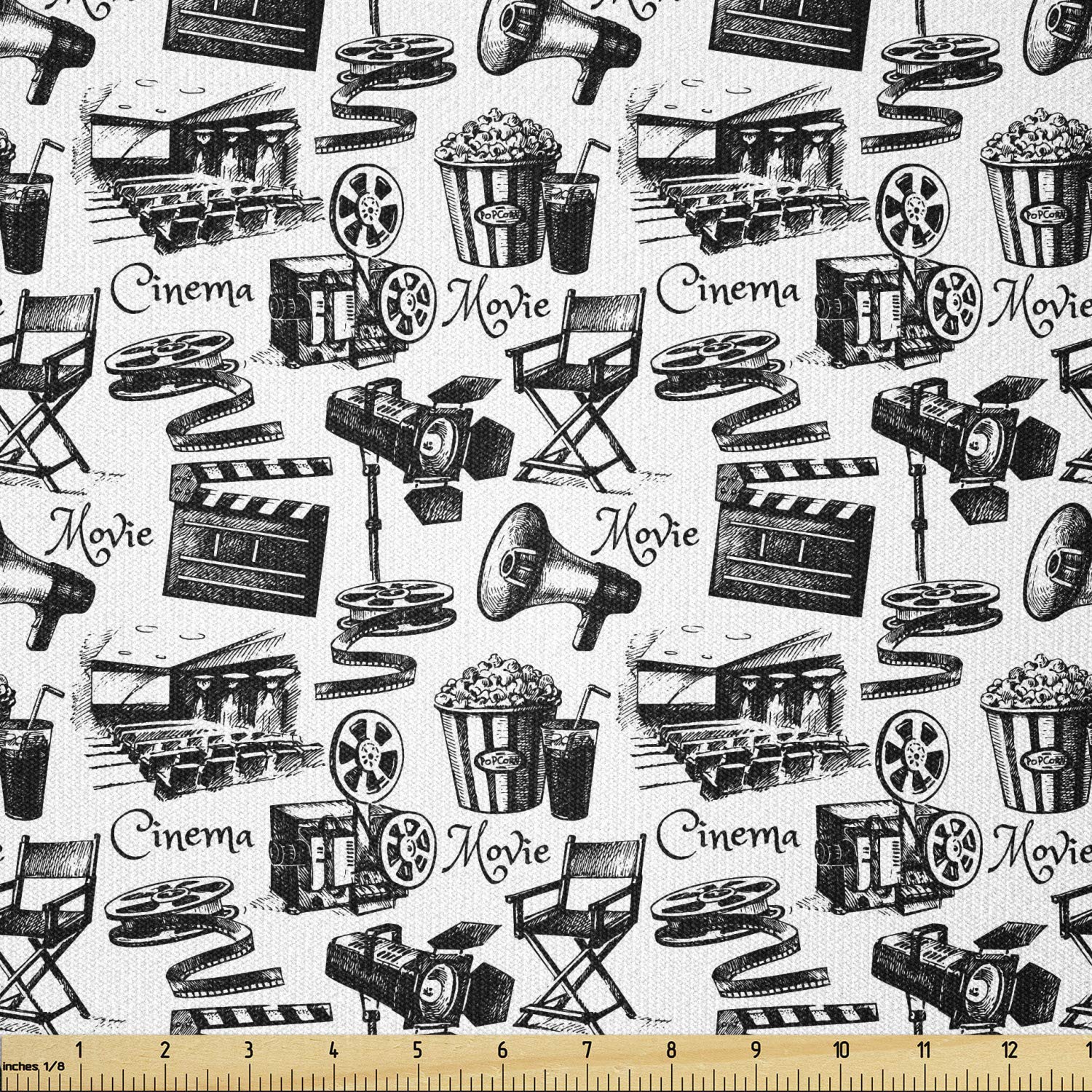 Lunarable Movie Fabric by The Yard, Vintage Film Cinema Motion Camera Action Record Graphic Style Print, Stretch Knit Fabric for Clothing Sewing and