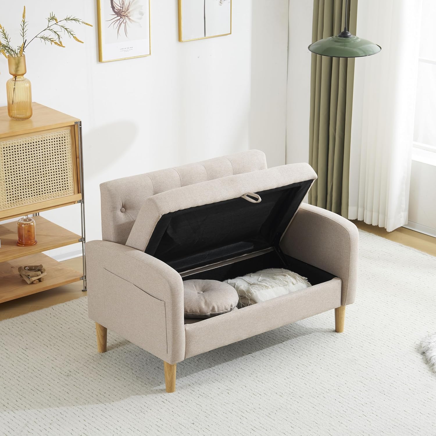 ソファ 2人掛け 収納機能 クッション2個付き ローソファ【カーキ