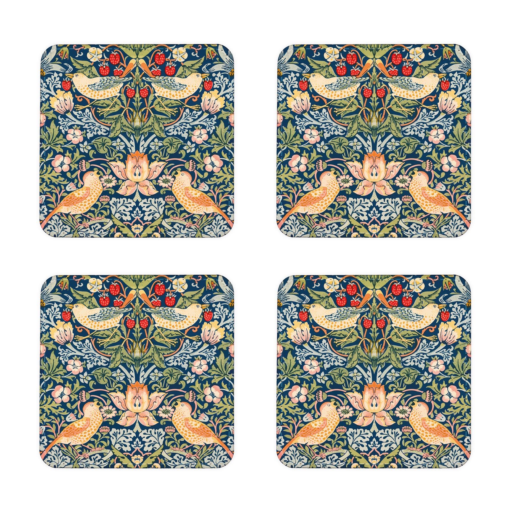 Set of 4 Blue Strawberry Thief Faux Leather Coasters - Tableware Gift