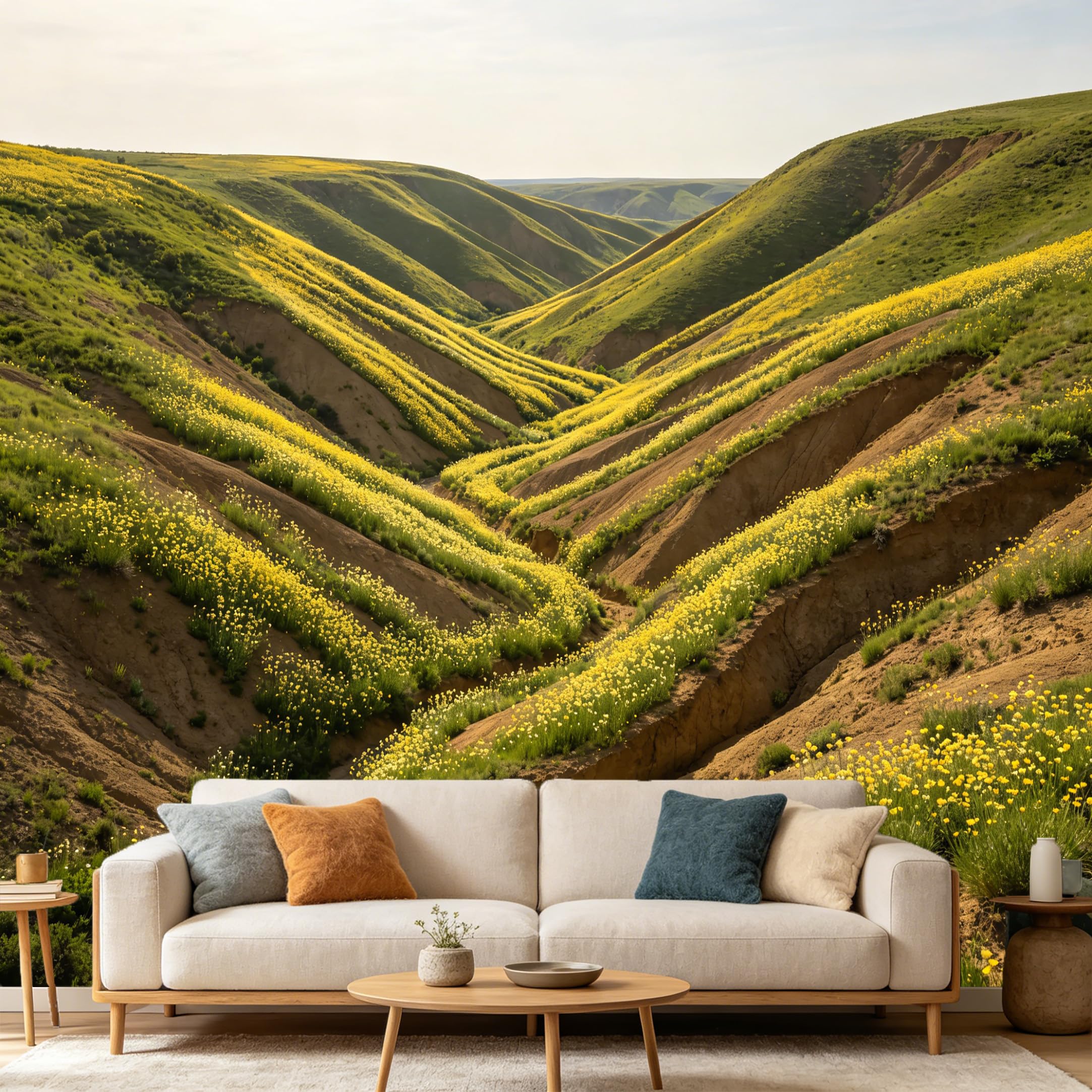 Custom Size Wall Mural Landscape Mountain Valley Yellow Wildflower Meadow SelfAdhesive Art Prints wall Fabric（No PVC） Removable Wallpaper Home Bedroom Decor