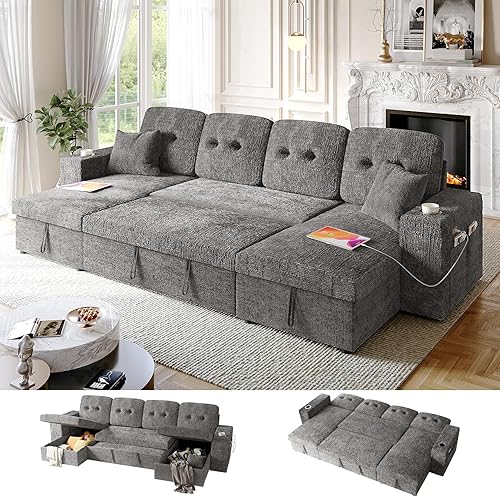 Miniatura 15 de Sofá cama modular modular con cama extraíble, sofás seccionales en forma de U de 7 asientos para sala de estar, sofá cama de 108 pulgadas con Gris