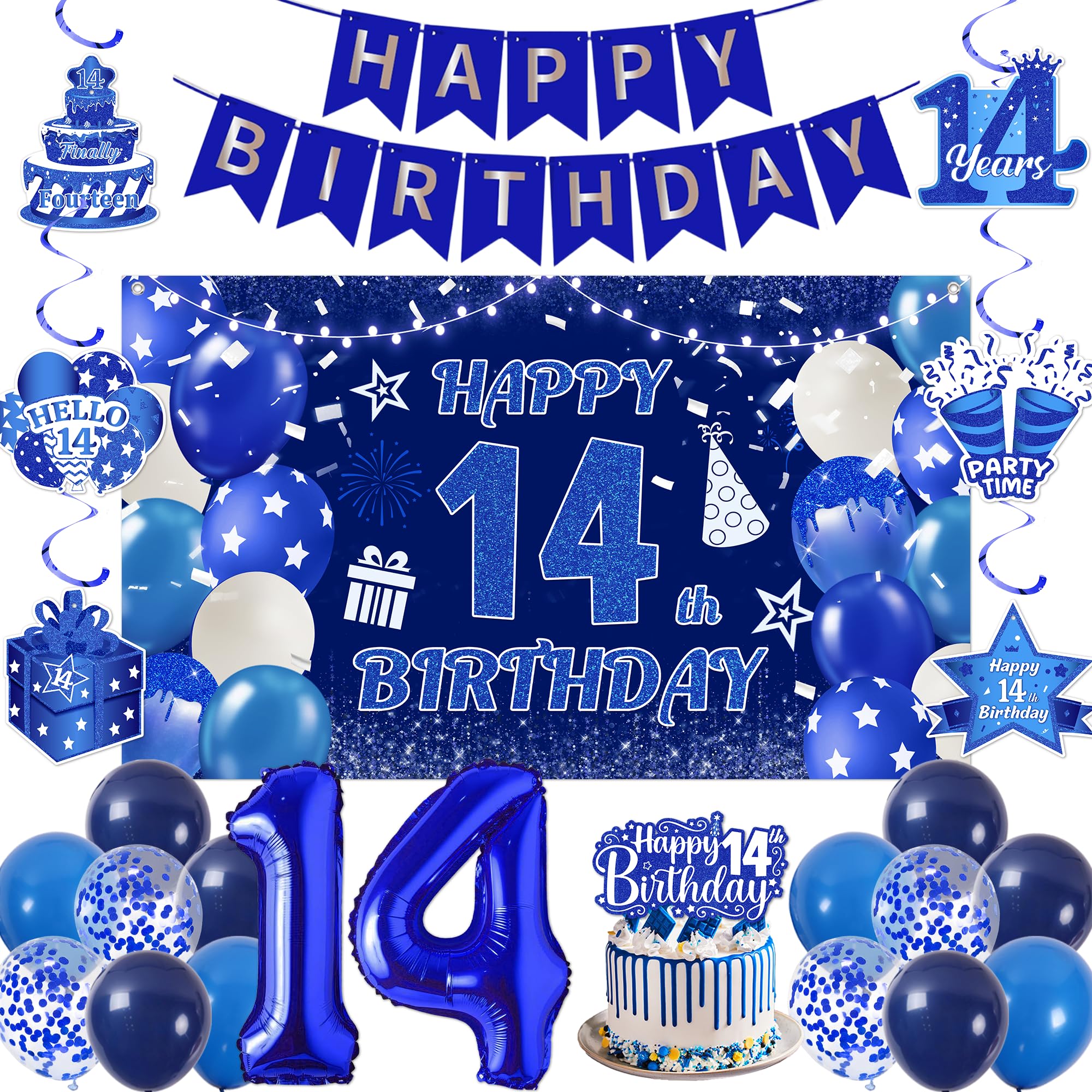 Happy 14th Birthday Decorations for Boys - Navy Blue Backdrop Set Include Banners Number 14 Balloon, Hanging Swirls Cake Topper for 14 Years Old Boy Party Decoration