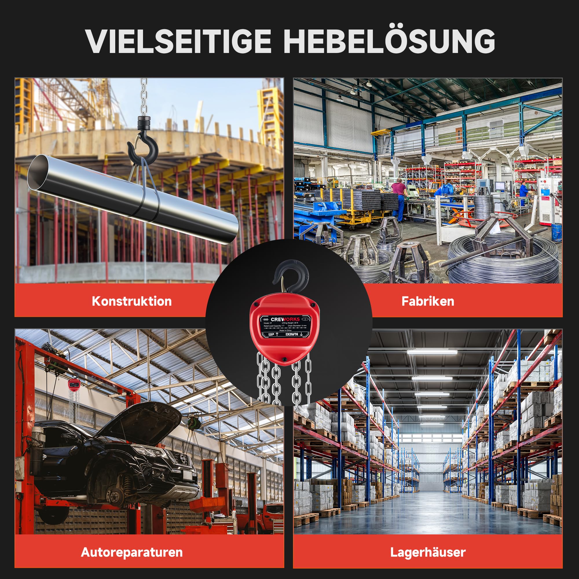 CREWORKS 1T Kettenzug Handseilwinde 6m Hubhöhe 1000kg Tragkraft G80-Lastkette Hebelzug Ratschenzug