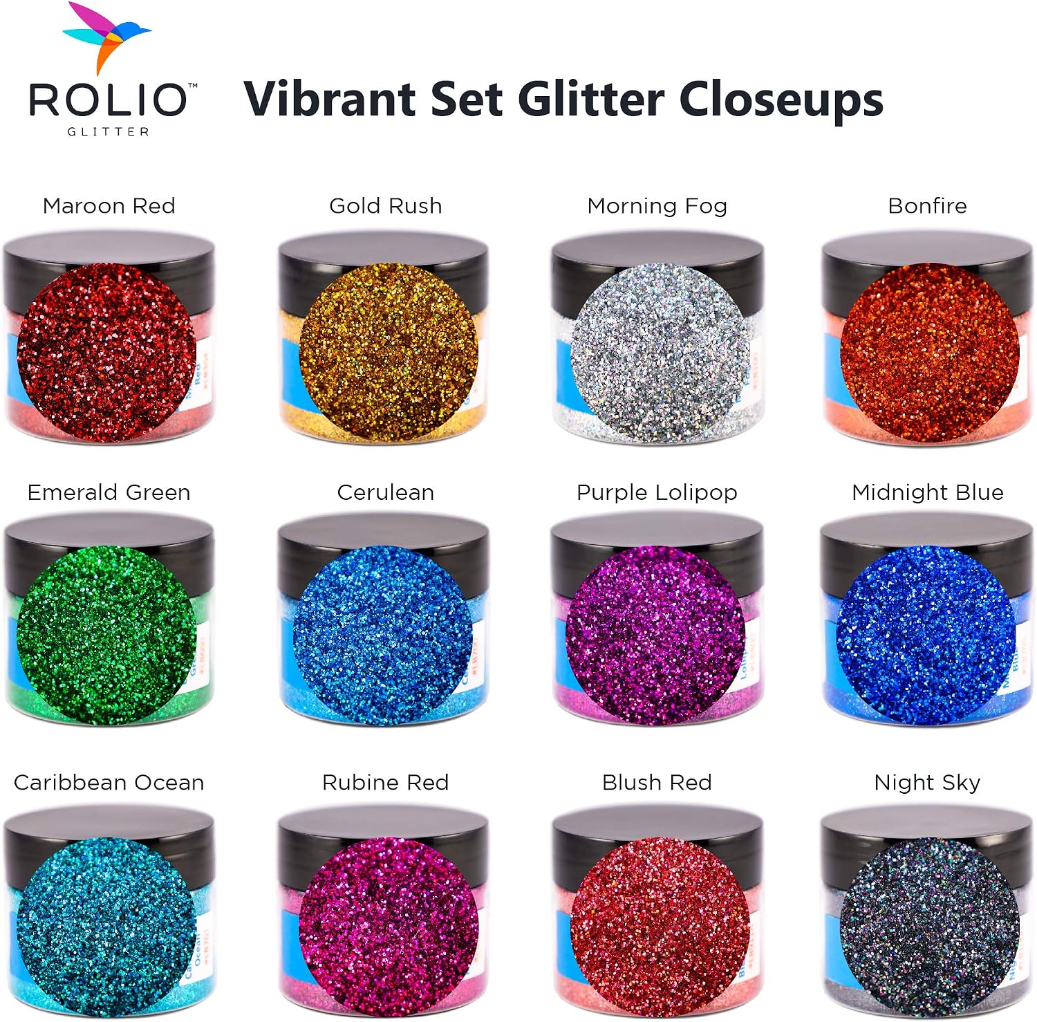 Rolio Holographic Glitter Set - 12 Jars, 15g Each, Cosmetic Holographic Grade Glitter for Resin, Makeup, Face & Body Art, Craft Supplies, Nail Decoration - Vibrant Set (15g)