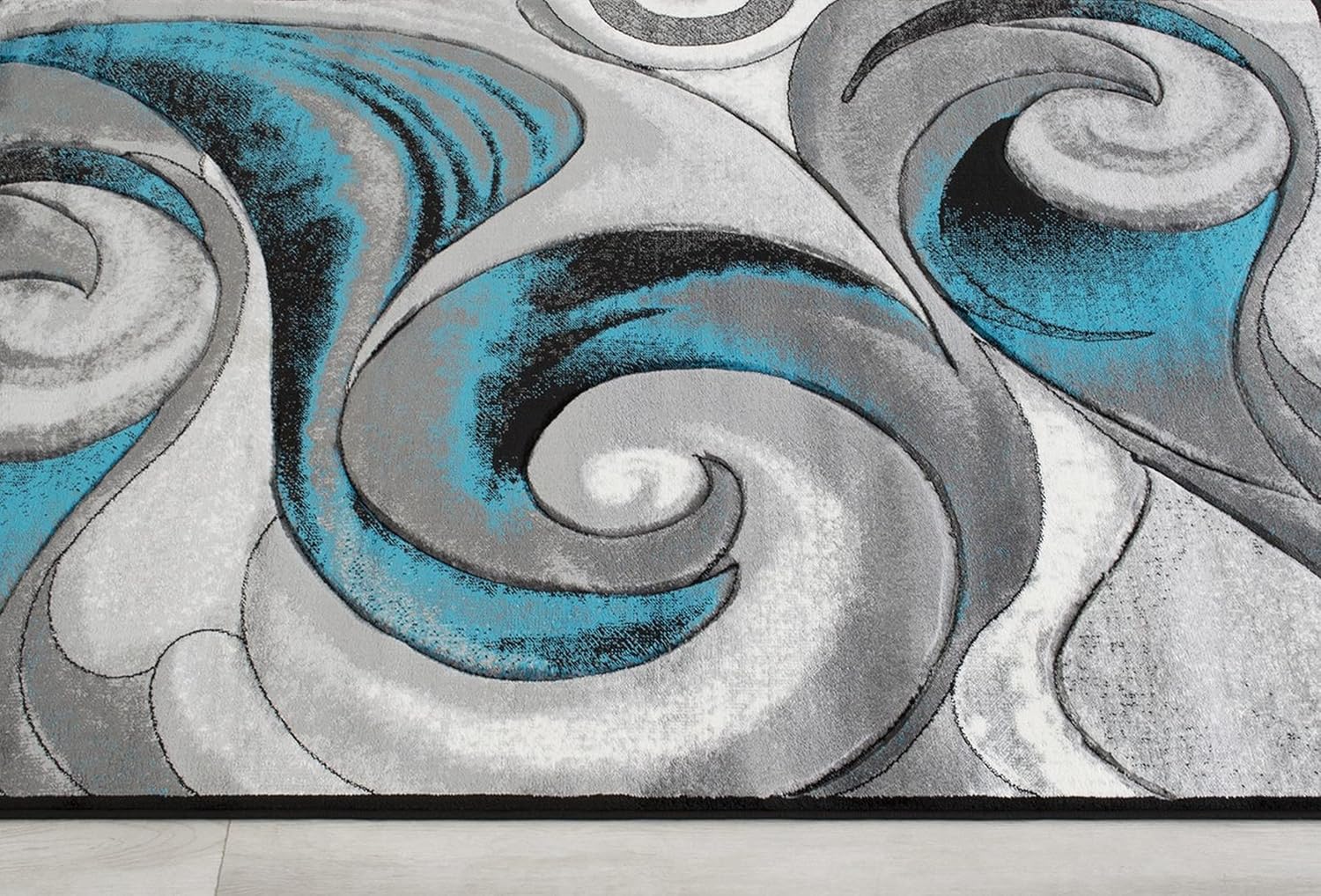 HR Swirls Abstract Design Modern Contemporary Hand Carved Area Rug - Turquoise/Gray/Silver/Black Elegance for Luxurious Home Decor - Enhance Your Space with a Touch of Modern Sophistication