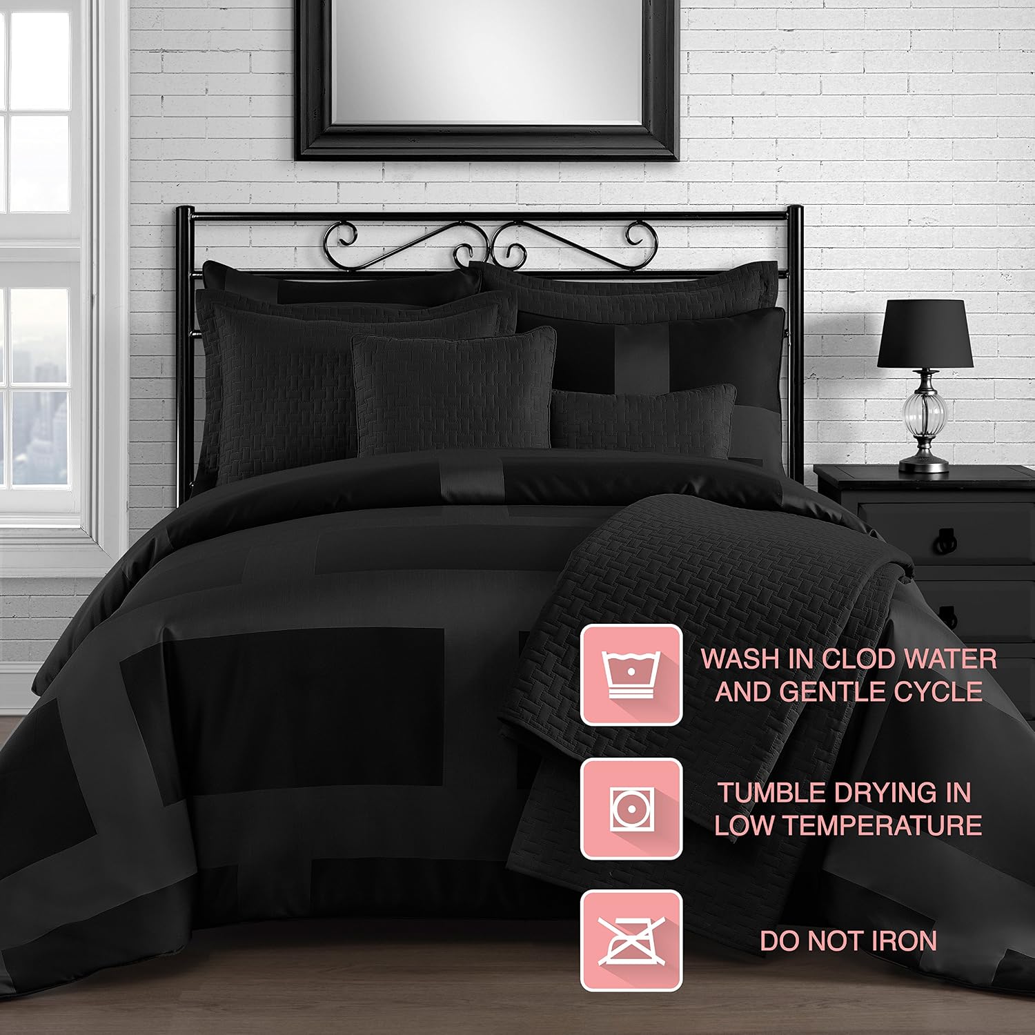 King & Queen Home Modern Frame Microfiber Lacquer 5 Piece Comforter Set (Queen, Black)