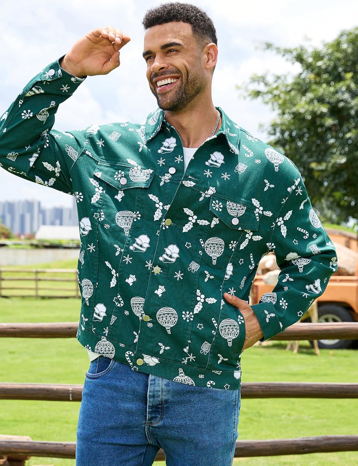 Bindefon Christmas Jean Jacket Men Trucker Unlined Coats Xmas Printed Tops Stocking Stuffers for Man - Image 5