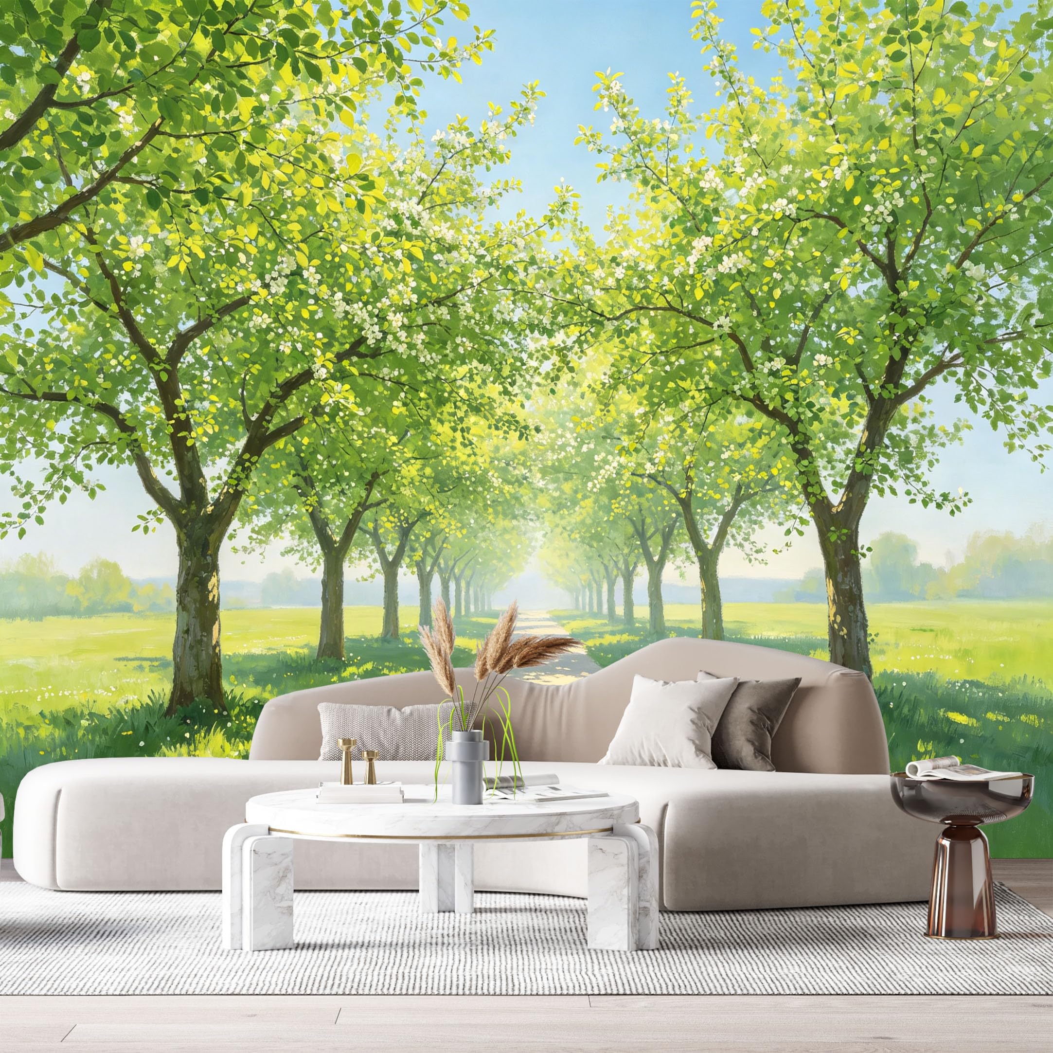 Custom Size Wall Murals Sunny Forest Landscape Oil Painting Green Tree Alley Path SelfAdhesive Wall Fabric Removable Large Wallpaper for Photo Living Room