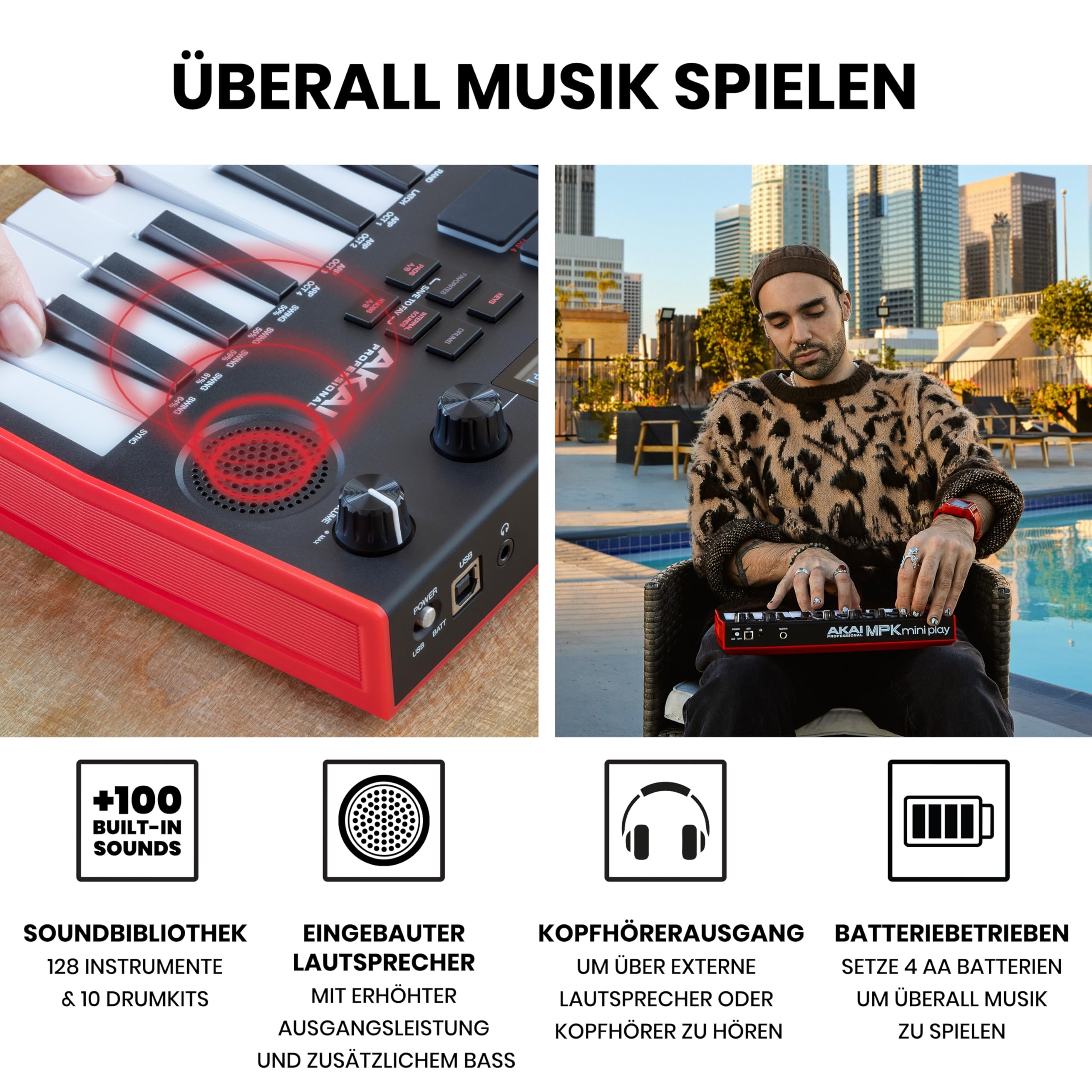 Akai Professional MPK Mini Play MK3 - MIDI Keyboard Controller mit Eingebautem Lautsprecher und Sounds, Dynamische Klaviatur, MPC Pads, Software und Native Instruments Sound Package