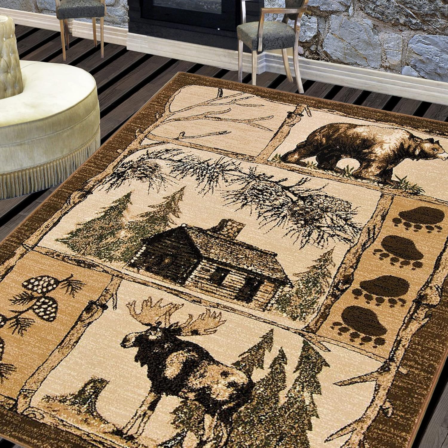 Handcraft Rugs HR-Lodge, Cabin Nature and Animals Area Rug Geometric Design Cabin Area Rug–Abstract Moose/Bear/Lodge/Nature