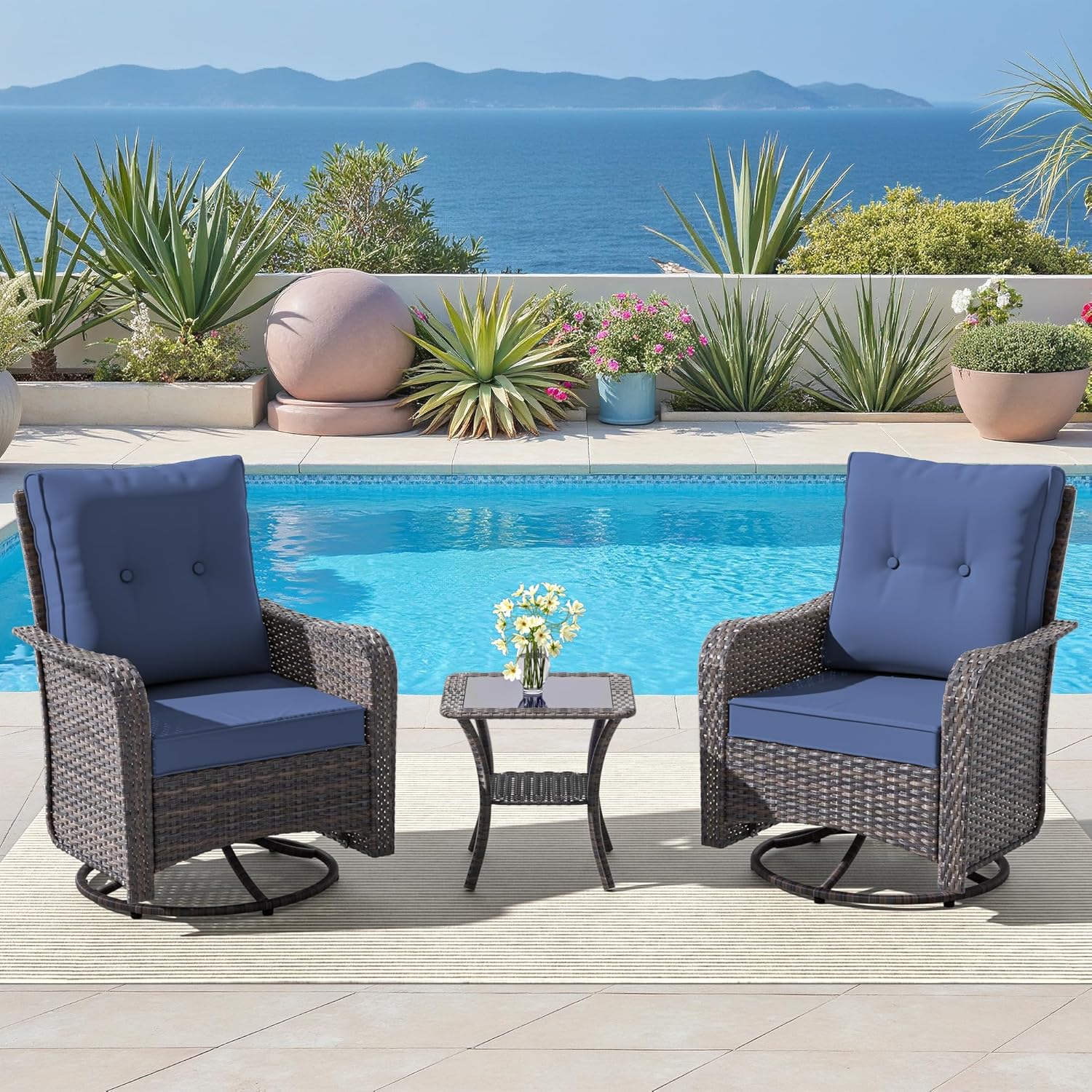 ALAULM Outdoor Swivel Rocking Chairs Set of 2 with 4”Thick Cushions and High Back, Wicker Patio Chairs w/Side Table for Patio, Porch, Poolside, Deck, Backyard, Garden-Dark Blue