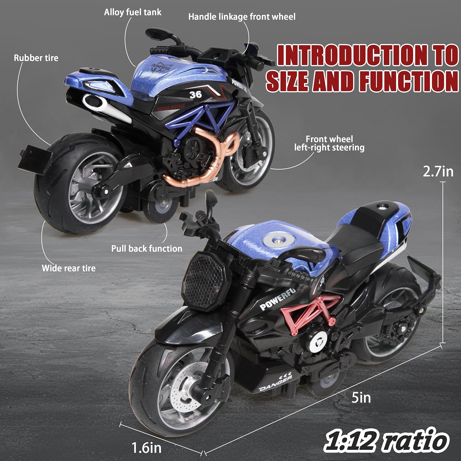 Alloy Metal Diecast Motorcycle Toy Set, 4 Pack of 1:12 Scale Die-Cast Motorcycles Model with Light&Sounds, Pull Back Function Toy Moto Bike for Kids Boys Girls and Collectors Ages 3 and up