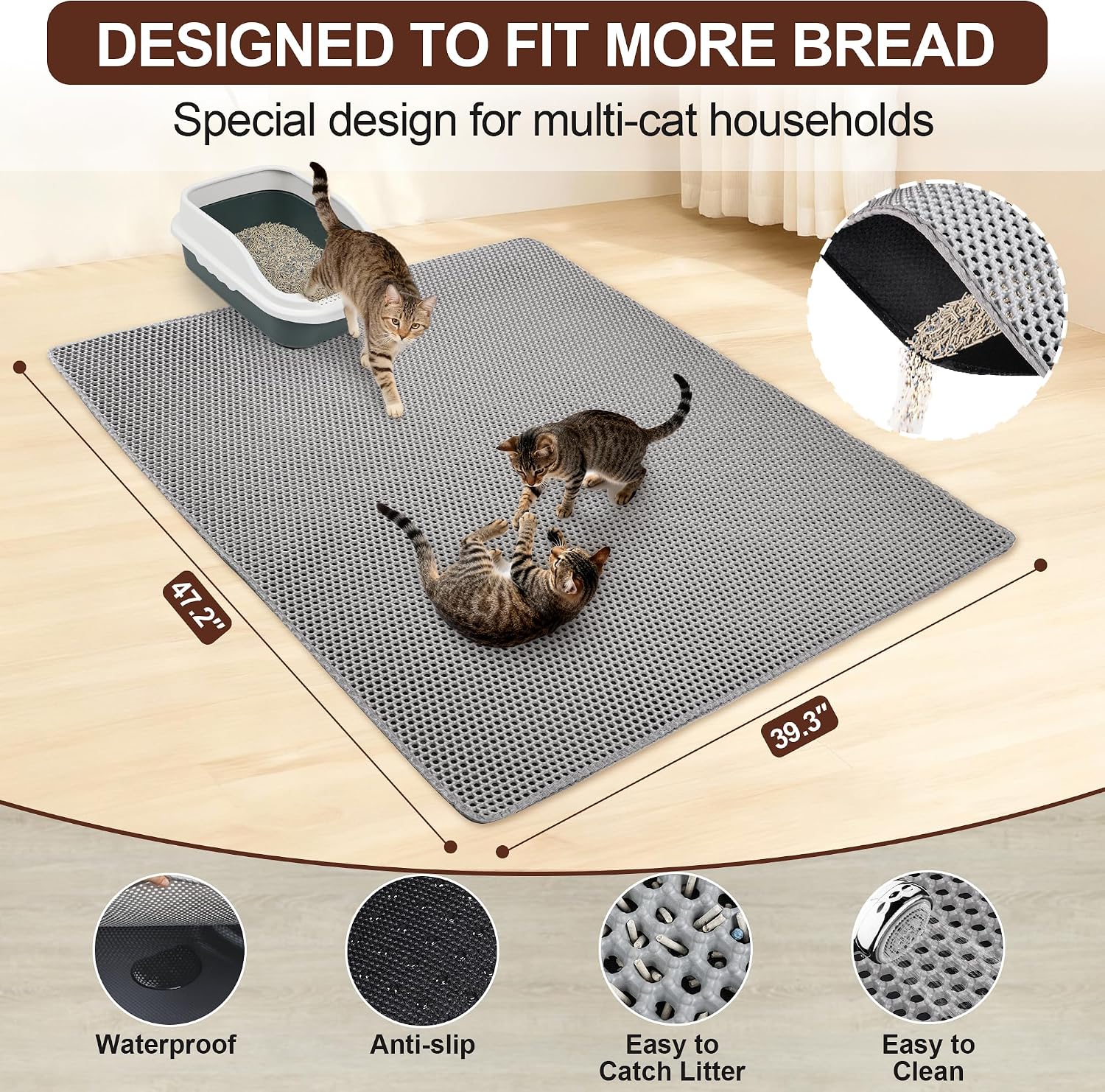 Jumbo Cat Litter Mat, 47.2" x 39.3", Non-Slip, Easy-Clean, Gray | Double-layer traps litter & moisture; waterproof bottom shields floors. Extra-large perfect for multi-cat homes.