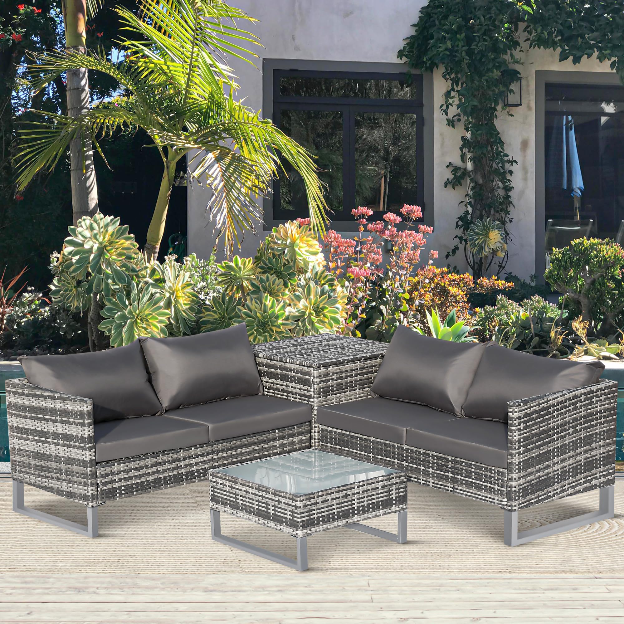 BTM Garden Rattan Furniture Set, 4 Seater Garden Corner Sofa, Garden Sofa Patio Conversation Set with All Weather PE Wicker Rattan & Steel Frame (Grey)