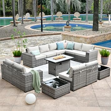 HOOOWOOO Outdoor Patio Sectional Furniture Sofa Set with Propane Fire Pit Table,13 Piece Large Modern Wicker Couch with Widened Armrest,Modular L Shaped Conversation Seating SetBeige Tan