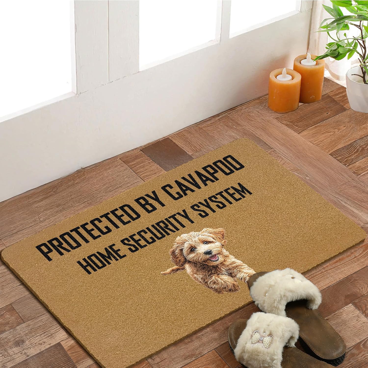 Funny Cavapoo Dog Coir Door Mats Outdoor, Cavapoo Gifts Front Door Mat Outside Entrance, Protected by Dog Home System Security Doormat Outdoor Indoor Entrance for Home Decor, 17x30in