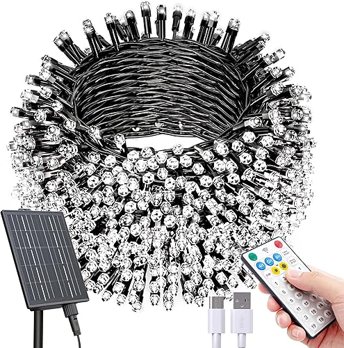 Miniatura 13 de SOLARBABY Luces solares para Navidad al aire libre, tira de luces de 142 pies con 400 cuentas de cristal LED con control remoto, 19 modos de luz de