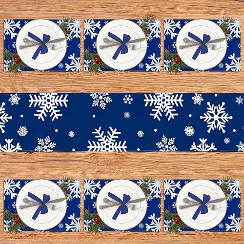 Peryiter Juego de camino de mesa y manteles individuales de copo de nieve de 7 piezas de invierno de 13 x 72 pulgadas, color azul marino con 6