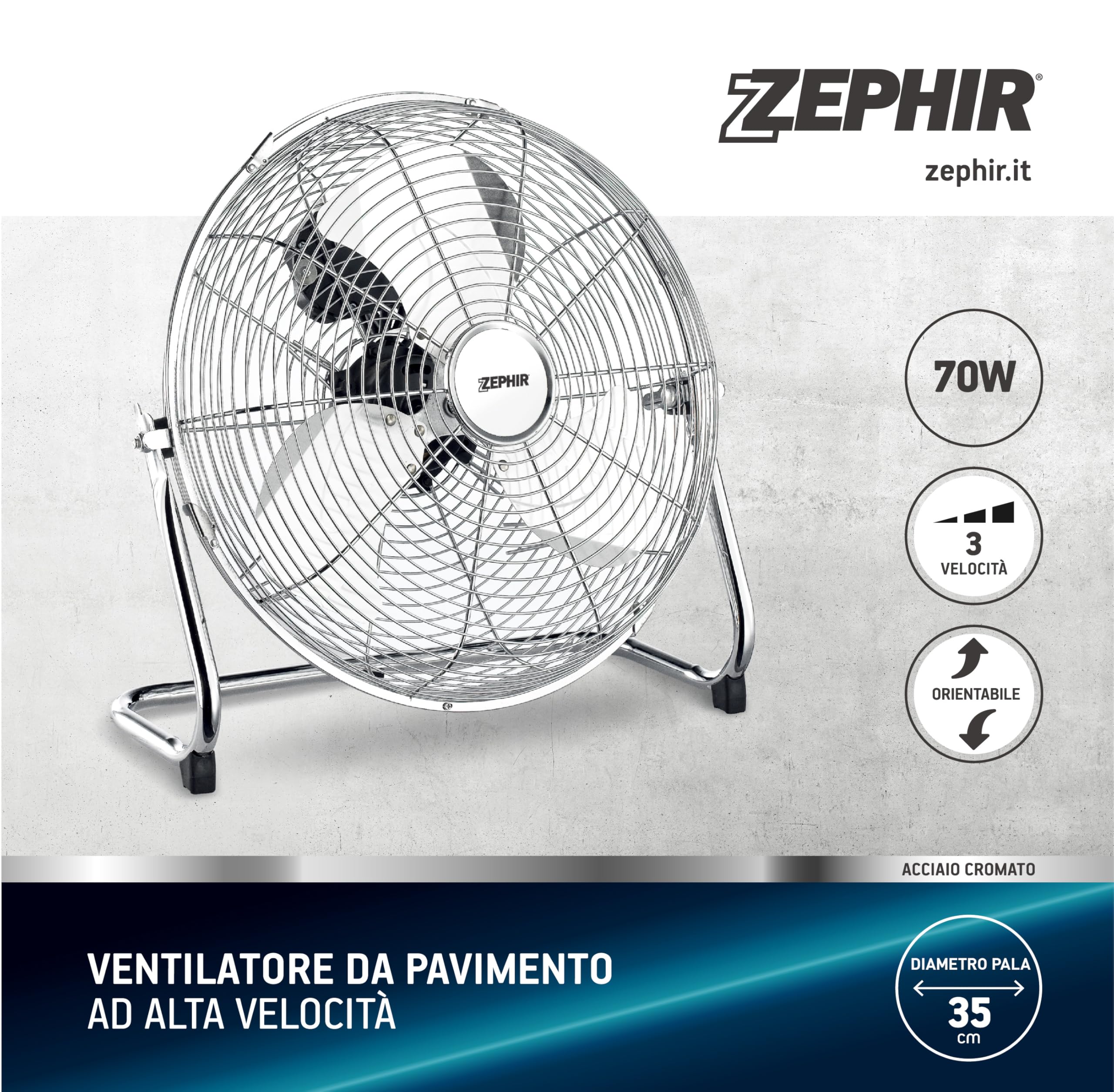 Zephir, Ventilatore Industriale da Pavimento, Alta Velocità, Acciaio Cromato, Pala 35cm, Inclinazione regolabile, Potenza 70W