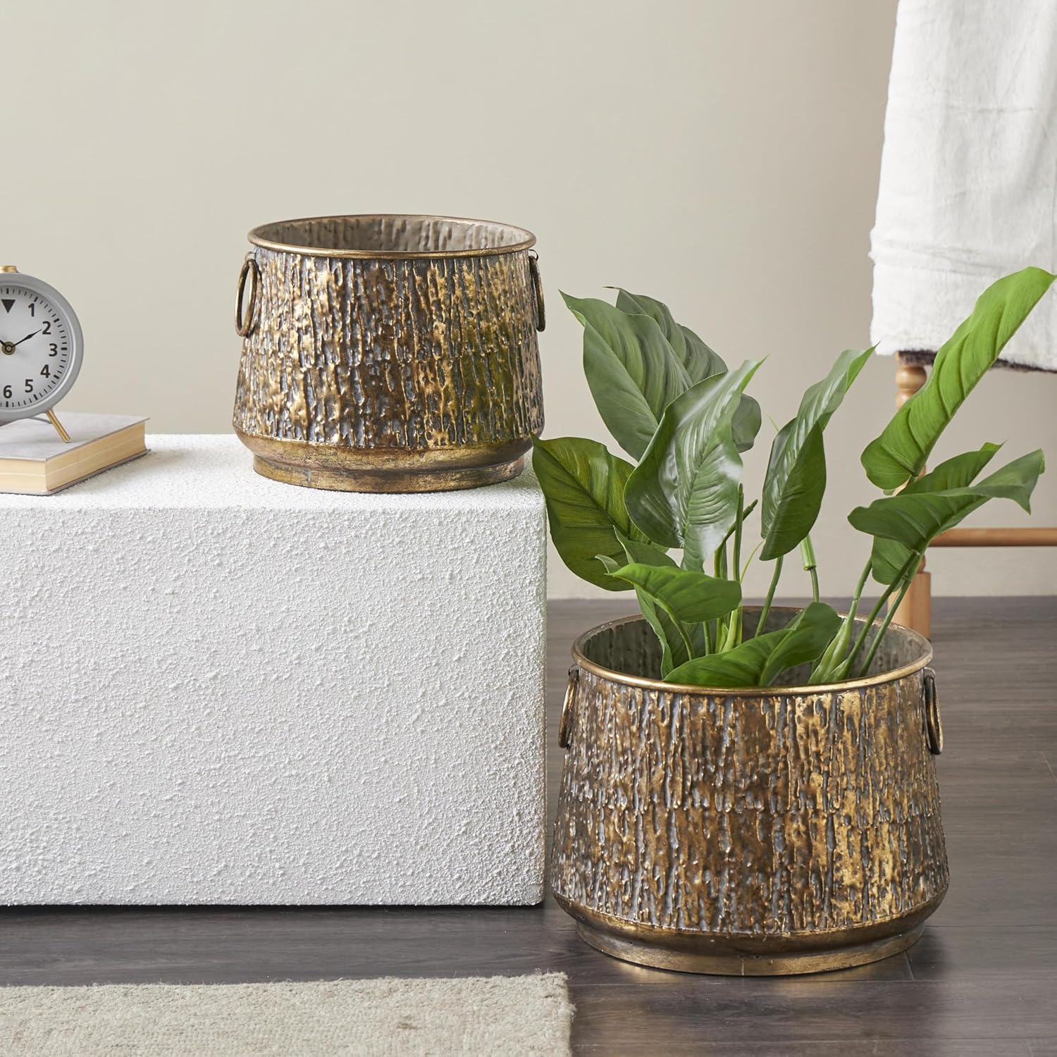 Deco 79 Metal Abstract Indoor Outdoor Planter Textured Small Planter Pot with Gray Weathered Spots and Ring Handles, Set of 2 Planters 16", 12" W, Brass