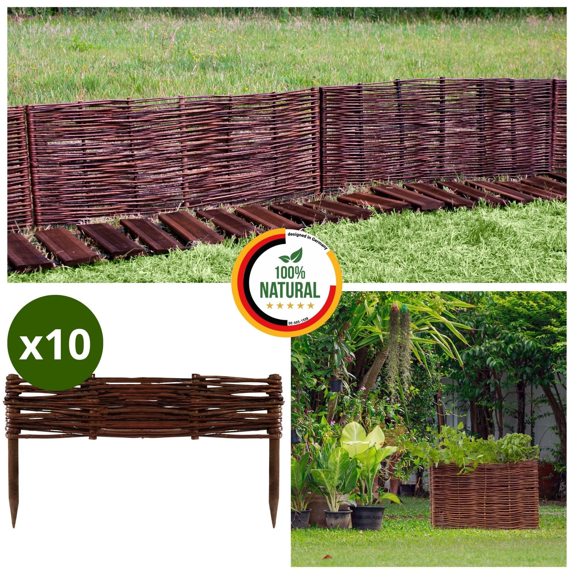 Wooden Border Fencing, Border in 25 Sizes - Impregnated Willow Edging Fence with Beech Stakes, Length:10 pcs x 40 cm, Height:10 cm