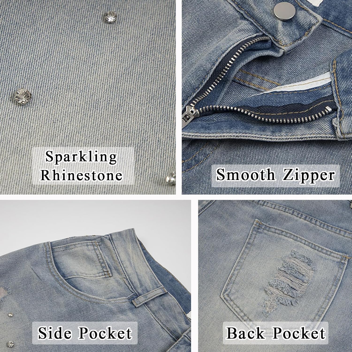 Women Rhinestone Baggy Shorts Mens Wide Leg Denim Jorts Vintage Jean Shorts Hip Hop Loose Fit Jorts Streetwear - Image 4