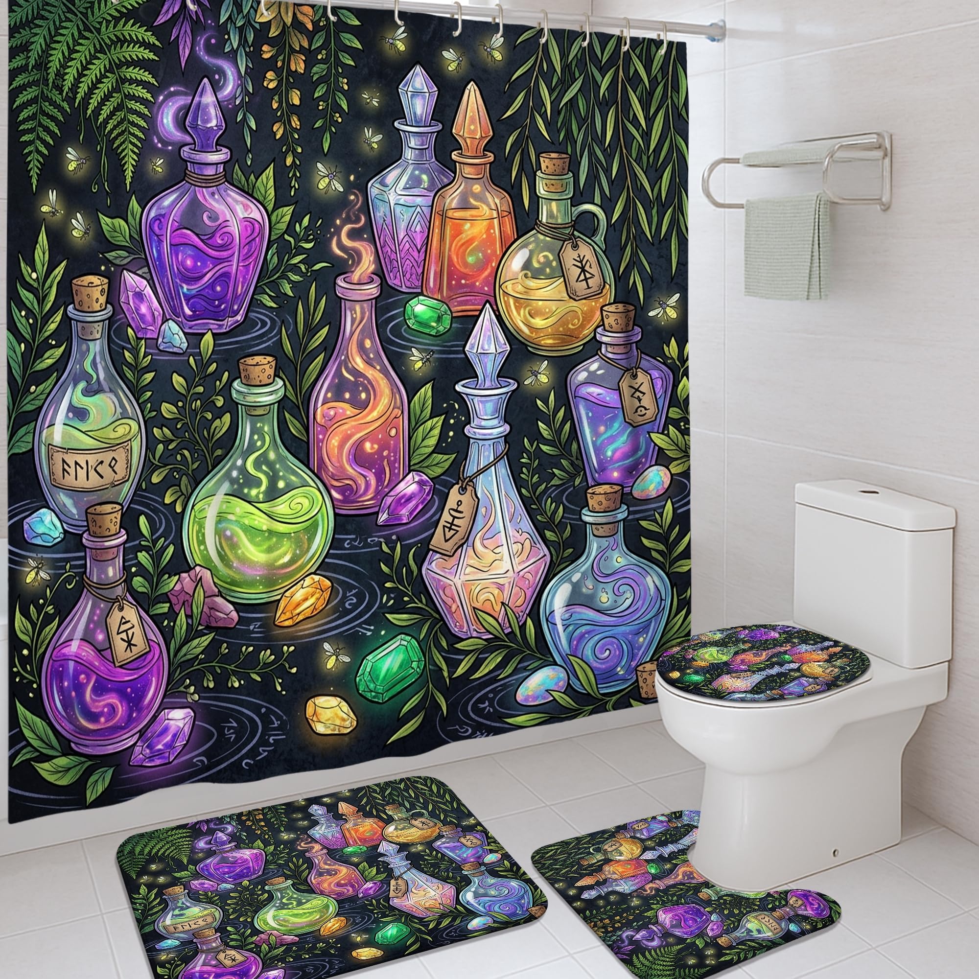 Rideau de douche violet lavable anti-éclaboussures avec tapis d'Halloween