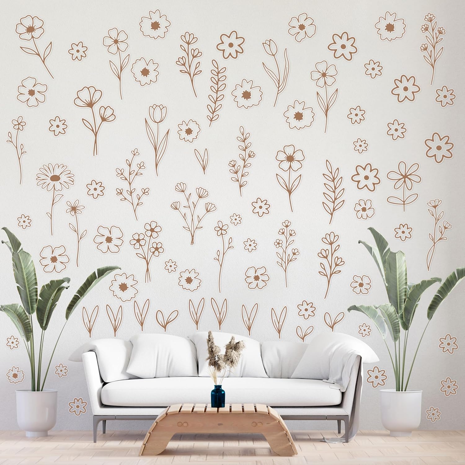 A1diee Wildflower Wall Stickers - 160Pcs Brown Boho Floral Translucent Wall Decals for Kids Adults, Spring Daisy Peel and Stick Neutral Nature Wall Decor for Nursery Bedroom Living Room, 8 Sheets
