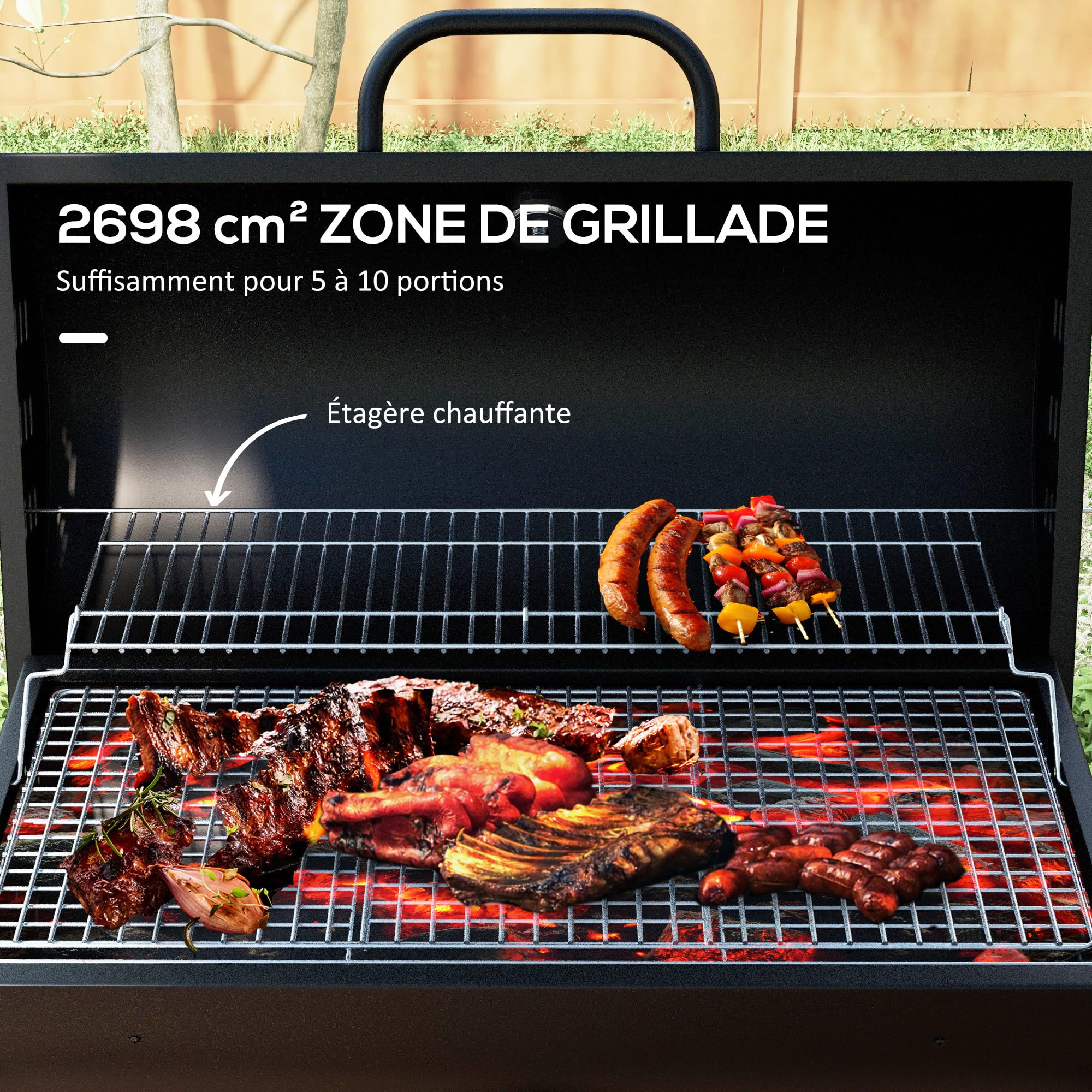 Outsunny Barbacoa de carbón vegetal con tapa, barbacoa de carbón de leña de gran tamaño con rejilla y termómetro, barbacoa con ruedas, asa, para jardín, patio, 95 x 71,5 x 102 cm, negro
