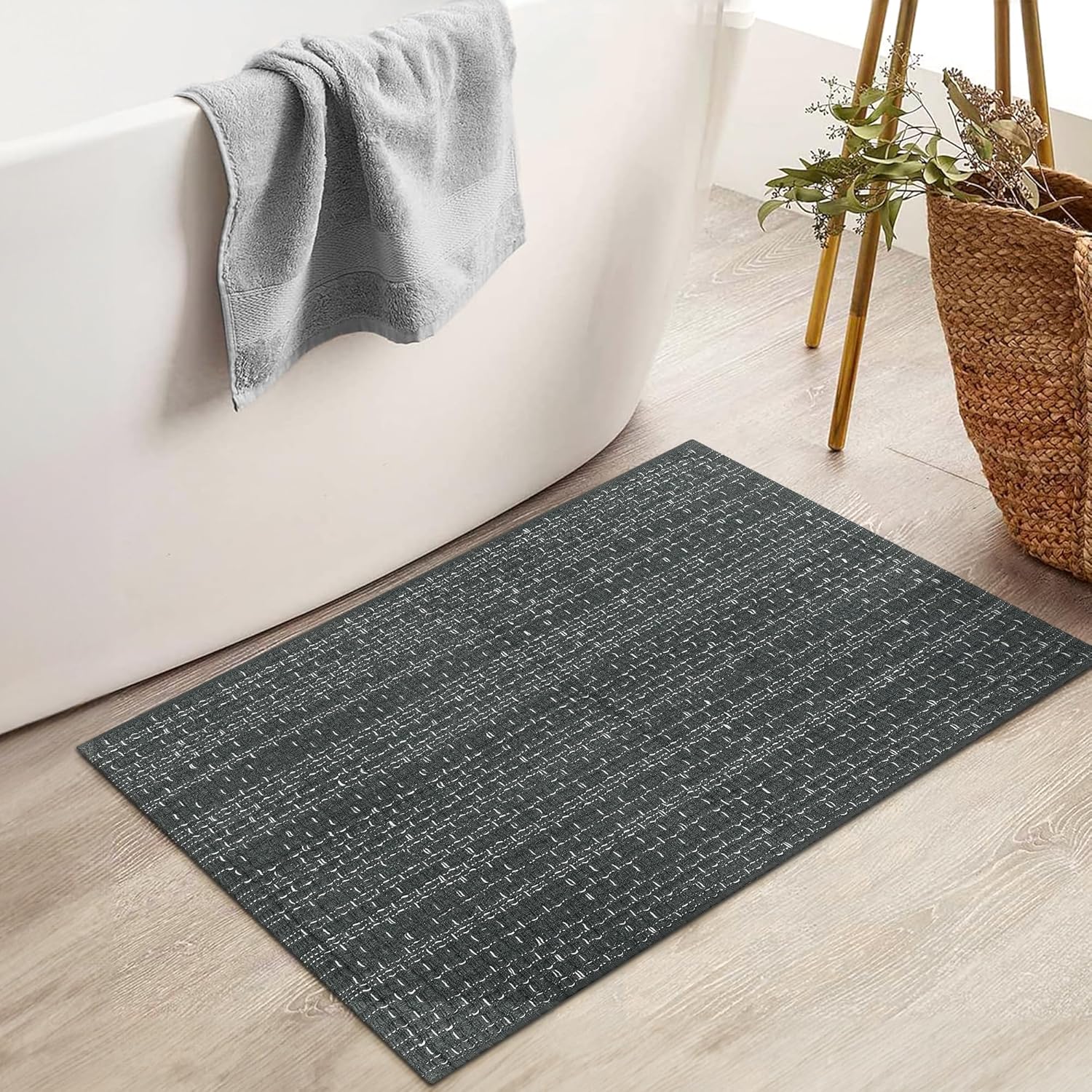 Nailttos Gray Bathroom Rugs, 2' x 3' Hand Woven Cotton Boho