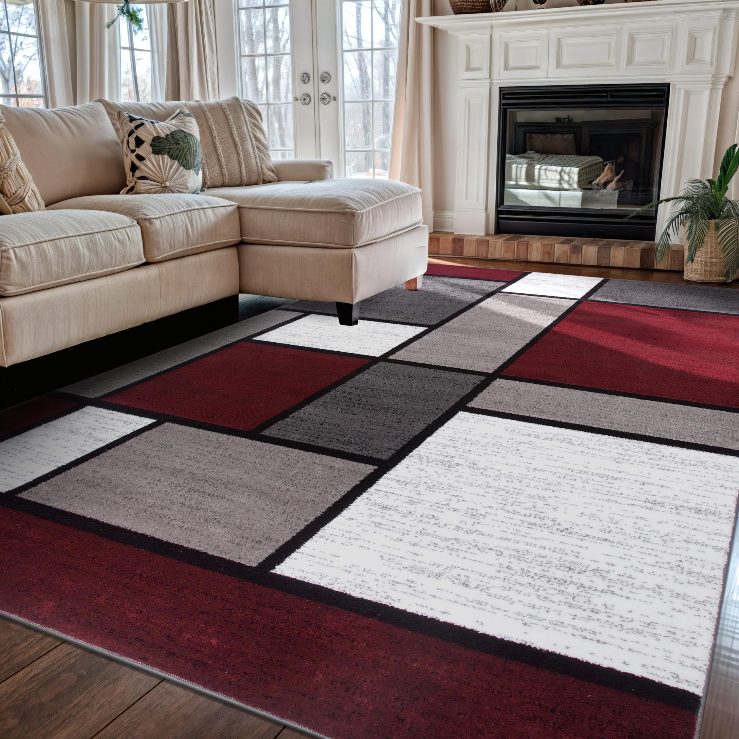 Rugshop Modern Geometric Boxes Red Area Rug Non-Shedding Carpet for Living Room Bedroom or Dining Room 53 x