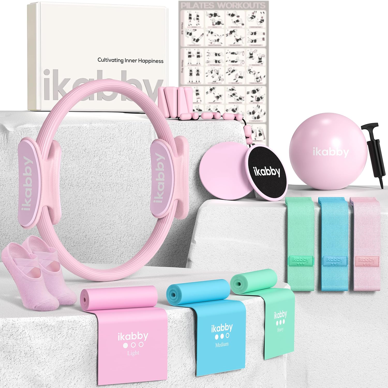 Pilates Kit, Home Pilates Kit with Weights, Pilates Equipment for Home Workout, Pilates Essentials Kit for Women, Yoga Pilates Mat Kit for Beginners, Pink Pilates Set