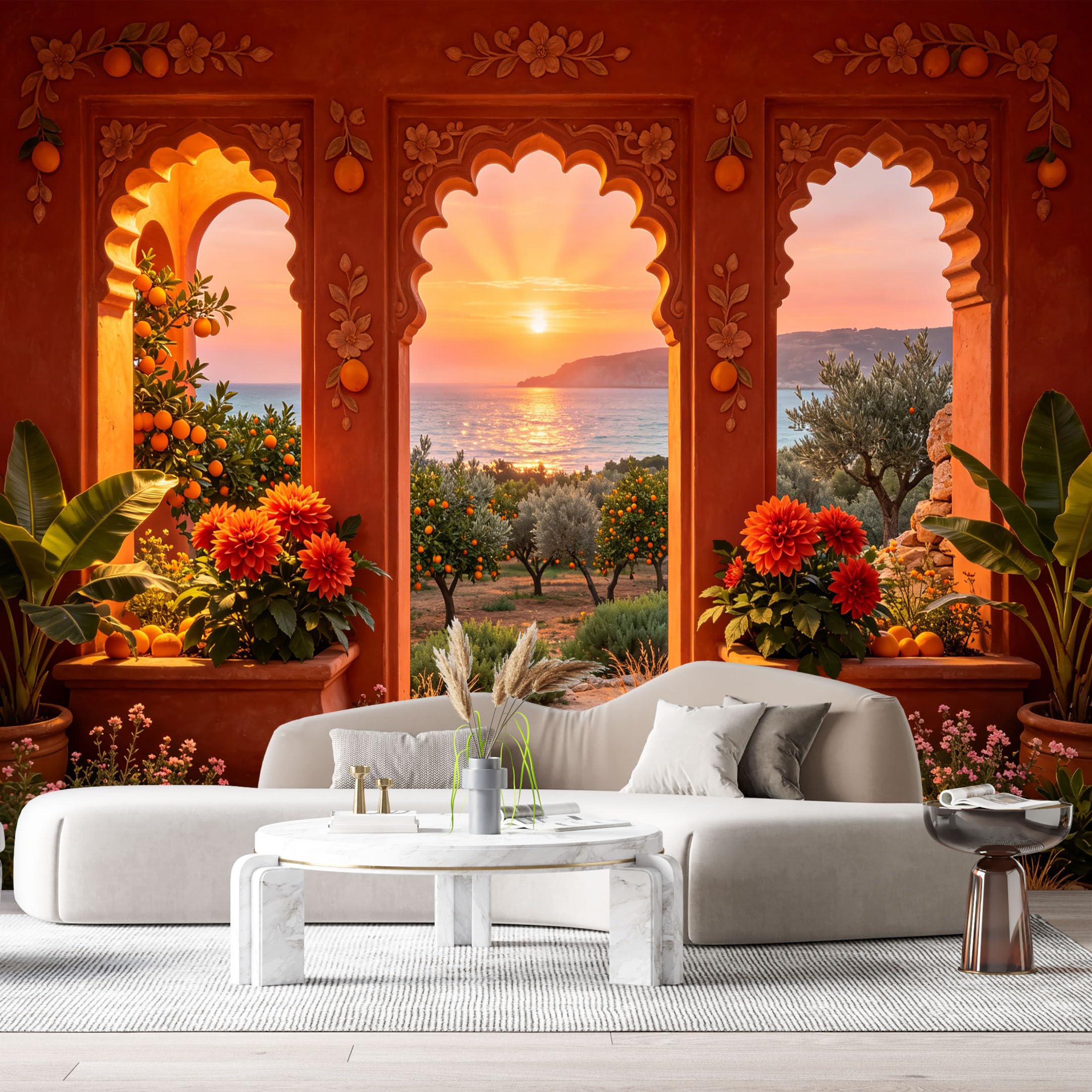 Custom Size Wall Murals Mediterranean Sunset Coastal Botanical Orange Trees Flowers Architecture SelfAdhesive Wall Fabric Removable Large Wallpaper Photo for Living Room