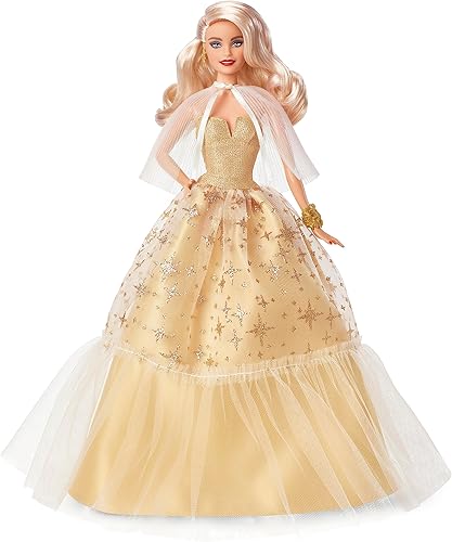 Miniatura 5 de Muñeca Holiday Barbie 2023, regalo de coleccionista de temporada, firma de Barbie , vestido dorado y embalaje exhibible, cabello rubio