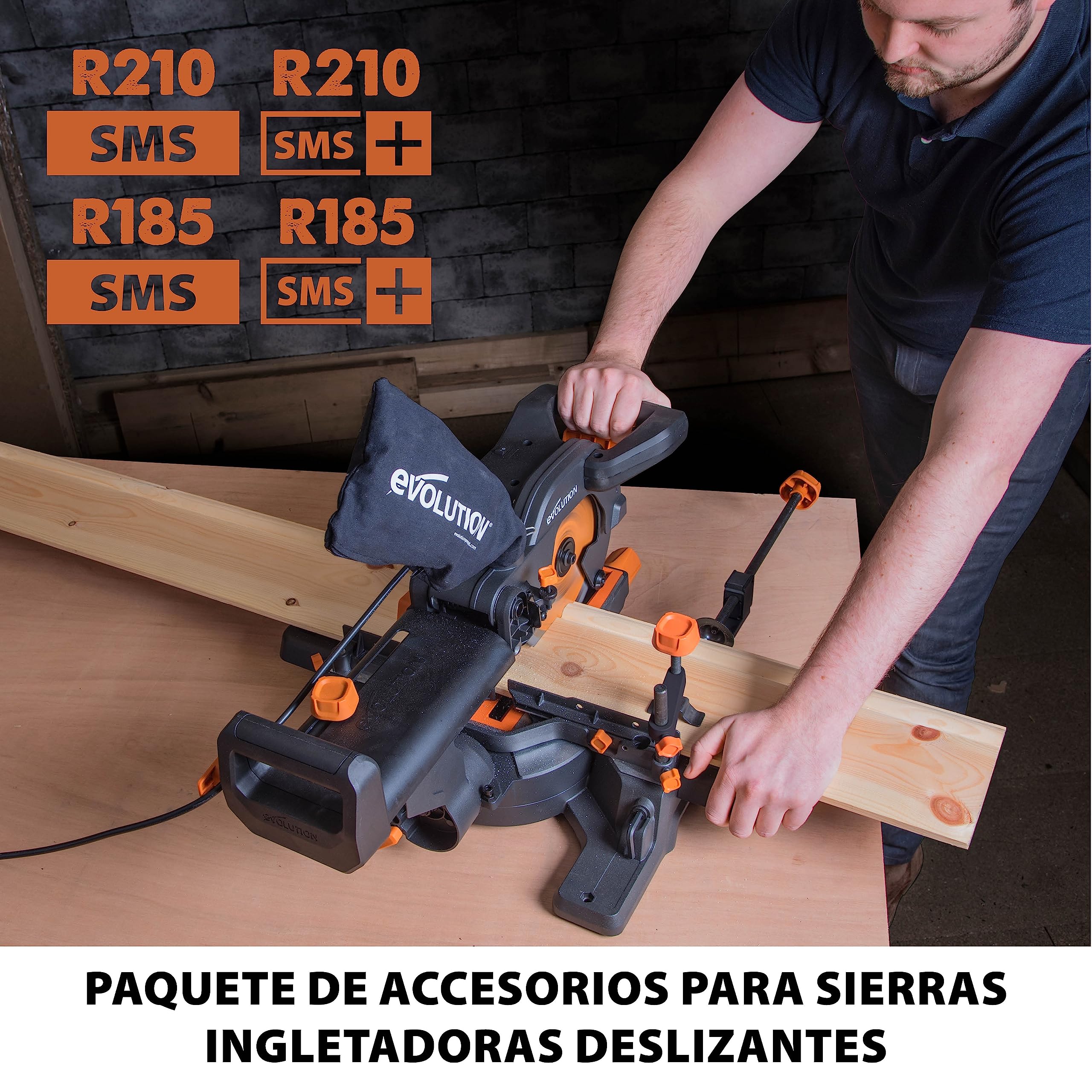 Evolution Power Tools R210SMS Pack de accesorios para sierra ingletadora, Incluye mordaza frontal, mordaza superior, saco captapolvo y adaptador para orificio de polvo, 210 mm