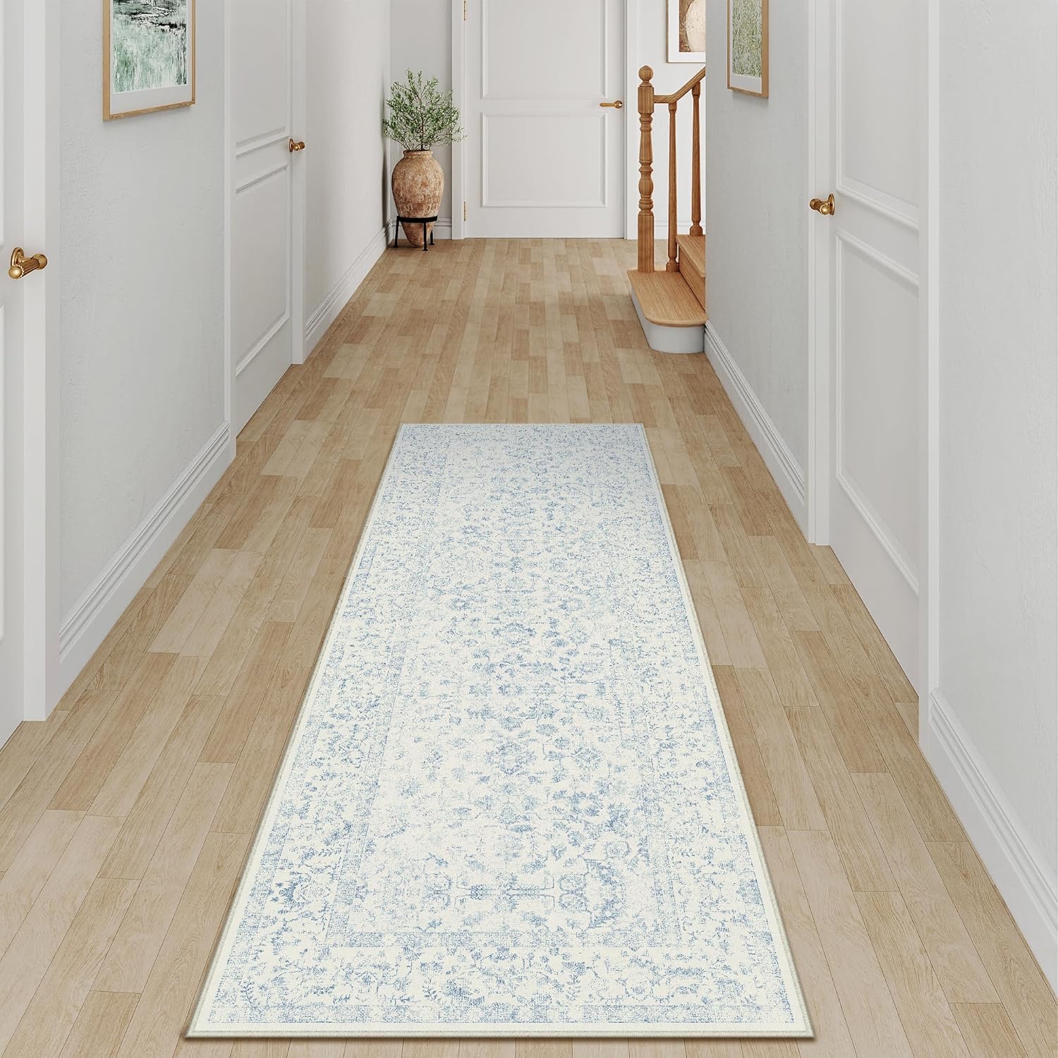 PureCozy 2x6 Blue Runner Rug Hallway Non Slip Kitchen Vintage Distressed Long Carpet Indoor Machine Washable Retro Floral Bedroom Accent Throw Rug for Office Laundry Bathroom Dining Living Room