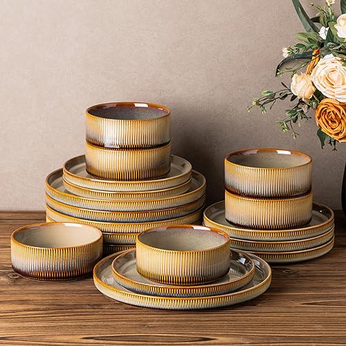 Miniatura 33 de TheTerra Juego de vajilla de cerámica para 4, juego de 12 platos y cuencos ligeros de porcelana, resistente a los arañazos, apto para horno, Neblina