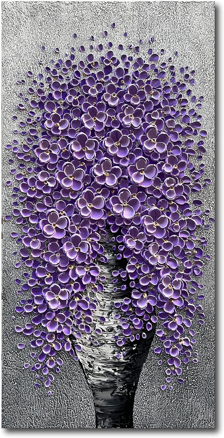 Epicler Hand-Painted Large Purple Flower Oil Painting Contemporary Abstract Home Furnishing Wall Decorative Art Painting Modern Canvas Art Works, 48 X 24 inch