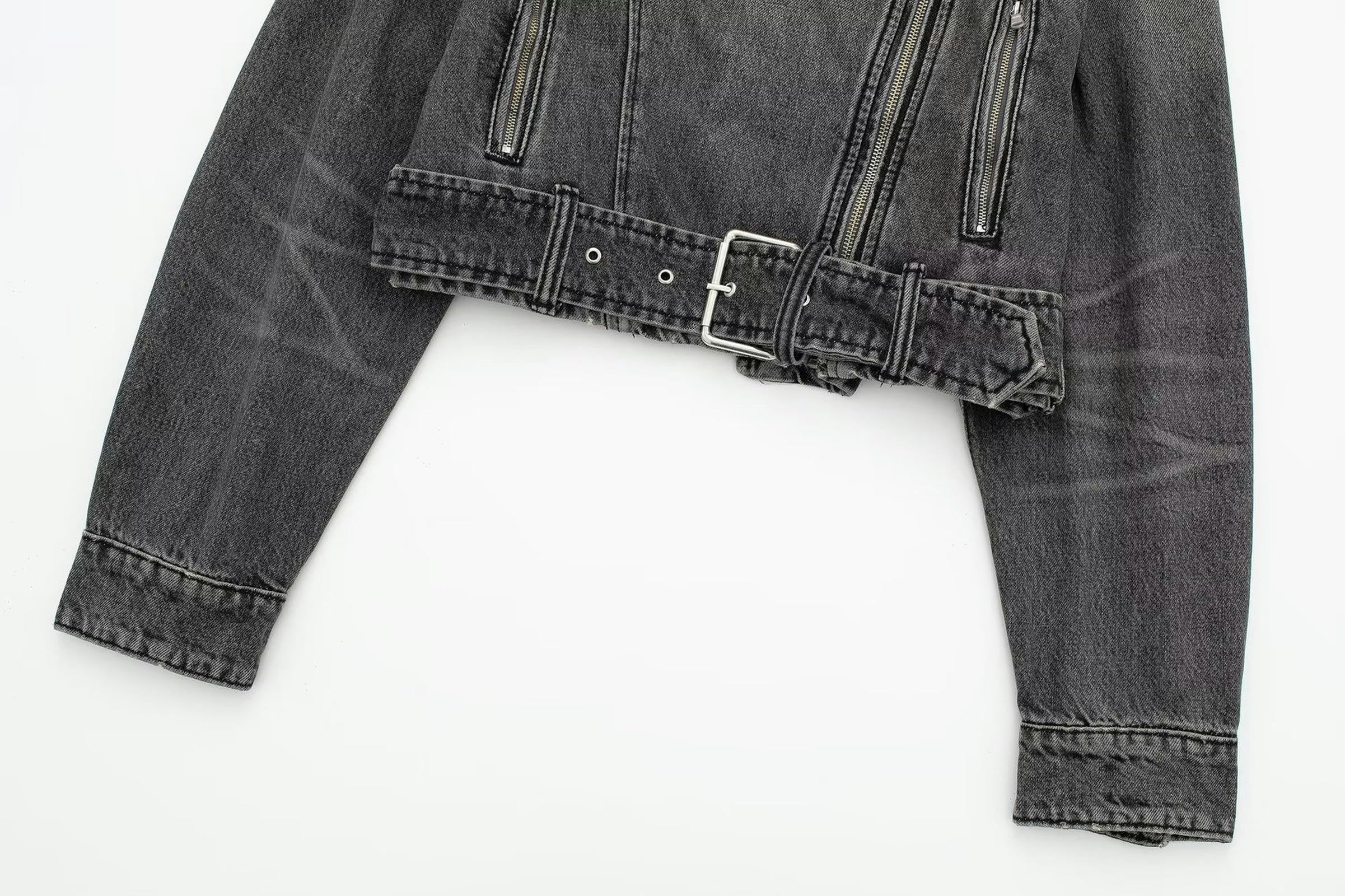 Chaqueta vaquera de motocicleta para chica, Chaqueta corta con cinturón holgado y solapa Retro para mujer, Top