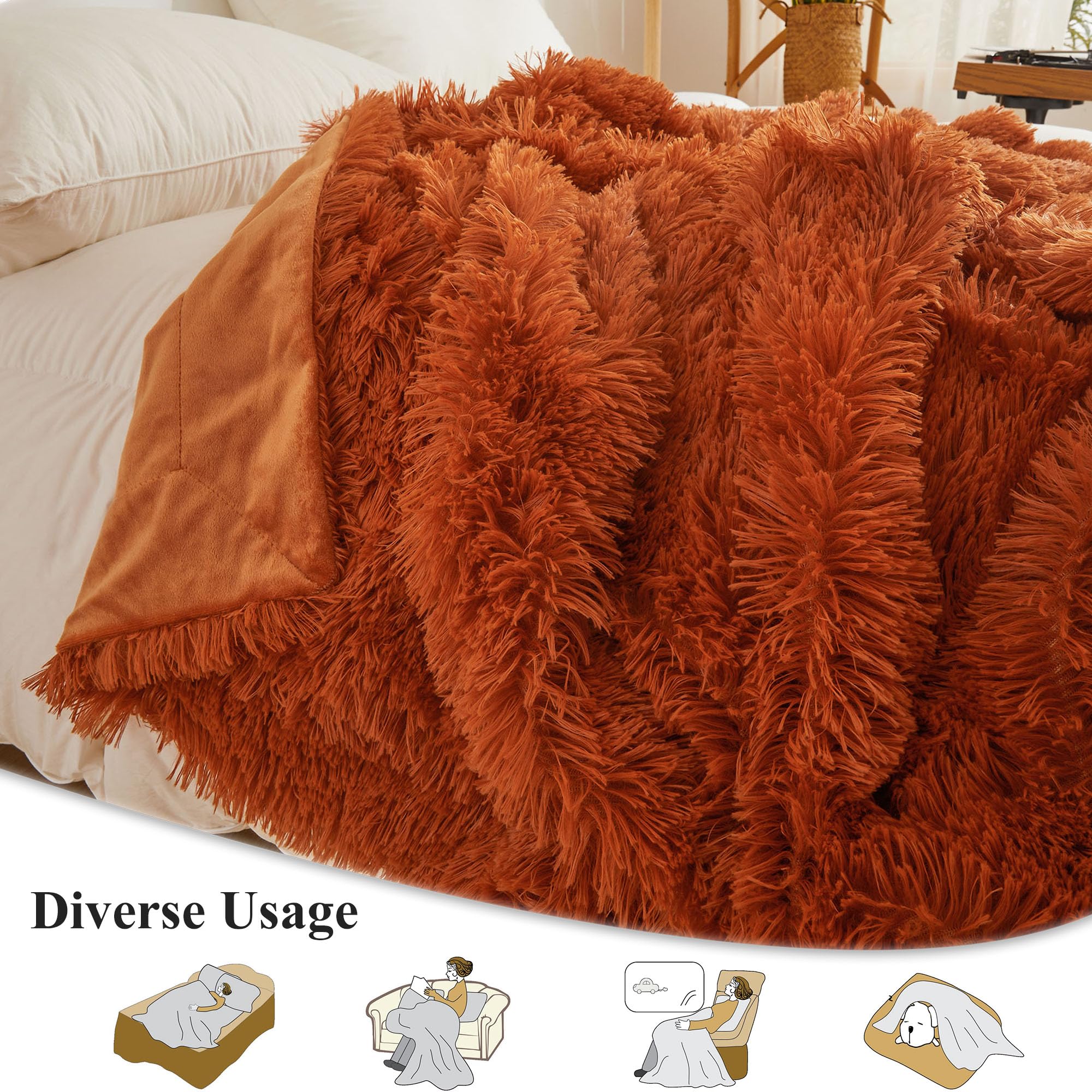 XeGe Luxury Faux Fur Throw, Burnt Orange Soft Fluffy Blanket Single, Shaggy Plush Decorative Couch Throw - Image 3
